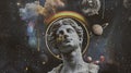 dark, gold,A white marble statue of the Greek god, with his head raised and a rainbow halo around it in space Royalty Free Stock Photo