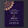 Luxury and elegant wedding invitation card with mandala ornament. Dark and golden color background