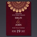 Luxury and elegant wedding invitation card with mandala ornament. Dark and golden color background