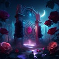 Dark gothic background with roses and magic portal. 3d rendering Generative AI Royalty Free Stock Photo