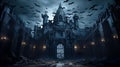 Dark Gothic castle at Halloween night, old haunted house with crows Royalty Free Stock Photo