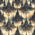 Gothic Castle in the Clouds Seamless Pattern Royalty Free Stock Photo