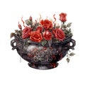 Dark Gothic Cauldron with Red Roses Dark Fantasy Gardening Watercolor Clipart