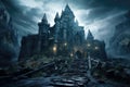 Dark Gothic haunted castle at mountains in rain on Halloween night