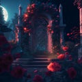 Dark gothic illustration of a rose garden against a forged door with steps. Royalty Free Stock Photo