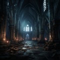a dark gothic looking church with candles on the floor Royalty Free Stock Photo