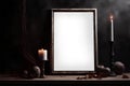 Dark gothic vertical frame mockup on the table with candles