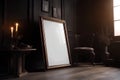 Dark gothic vertical frame mockup on wood floor