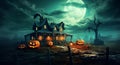 moon pumpkin horror halloween holiday bat cemetery grave dark night. Generative AI. Royalty Free Stock Photo