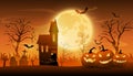 Dark graveyard with creepy pumpkins and haunted house on Halloween night banner with space for text, cartoon vector