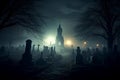 Dark graveyard at night, shrouded in thick fog and an eerie horror atmosphere. Ai generated