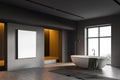 Dark gray bathroom corner, tub and poster Royalty Free Stock Photo