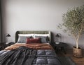 Dark gray bedroom interior mockup with bright color orange, red, green. Bed on empty dark wall background. Scandinavian Royalty Free Stock Photo