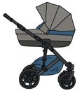 The dark gray and blue stroller