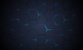 Dark gray hexagonal technology abstract background with blue bright energy flashes under hexagon Royalty Free Stock Photo