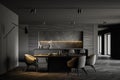 Dark gray kitchen with bar and dining table Royalty Free Stock Photo