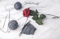 Dark gray knitting wool, knitting needles, glasses and single red rose Royalty Free Stock Photo