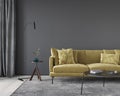 Dark gray living room interior with yellow sofa Royalty Free Stock Photo