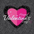 Dark gray ornamental background with pink heart. Label to the Valentines Day