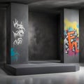Dark gray pedestal podium with concrete background and graffiti on the wall Royalty Free Stock Photo