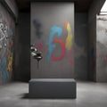 Dark gray pedestal podium with concrete background and graffiti on the wall Royalty Free Stock Photo