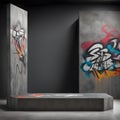 Dark gray pedestal podium with concrete background and graffiti on the wall Royalty Free Stock Photo
