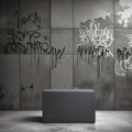 Dark gray pedestal podium with concrete background and graffiti on the wall Royalty Free Stock Photo