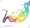 Dark gray saxophone icon with color abstract wave