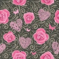 Dark gray seamless decorative pattern with pink roses and hearts Royalty Free Stock Photo