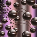 Dark gray shiny metallic visually volumetric balls and thin wavy lines on a purple gradient background. Royalty Free Stock Photo