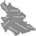 Dark gray tagged boroughs map of ASCHAFFENBURG, GERMANY