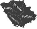 Dark gray tagged map of raions of the POLTAVA OBLAST, UKRAINE