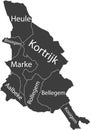 Dark gray tagged municipalities map of KORTRIJK, BELGIUM