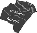Dark gray tagged quarters map of the 16TH ARONDISSEMENT DE PASSY, PARIS