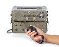 Dark green amateur ham radio holding in hand on white background Royalty Free Stock Photo