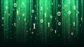 Dark green background with binary code, sequins, light, gold digits in space