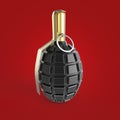 Dark green and black metal hand grenade isolated on red background render Royalty Free Stock Photo