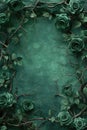 Dark green concrete wall surface texture background. Intricate creative floral frame with green roses Royalty Free Stock Photo