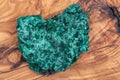 Dark green fibrous Malachite cluster from Shaba Province, Zaire on natural olive wood.