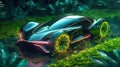 Dark Green Future Electric Sport Car concept with some Orange line Lights effect without any brand inside a Forest - AI Generated
