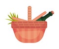 Wicker picnic basket with a bottle. Vector illustration on a white background.