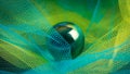 Dark green glass sphere in the yellow and blue plastic fishnets. Abstract high resolution macro photography. Royalty Free Stock Photo