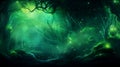 Dark green glowing forest with fireflies background illustration AI Generated