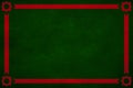 Dark green grunge texture background vignette. Red ribbon border trim. Red star design in corners. Royalty Free Stock Photo