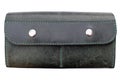 Dark green leather wallet with two metal buttons, isolate.