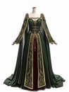 Dark green medieval female dress decorated with golden lace on a mannequin.