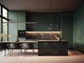 Dark green modern kitchen interior with large window. Generative AI Royalty Free Stock Photo