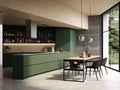 Dark green modern kitchen interior with large window. Generative AI Royalty Free Stock Photo