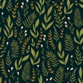 Dark green vector seamless pattern with night herbs and flowers. Romantic floral background. Fabric design. Royalty Free Stock Photo