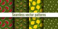 Dark green seamless pattern set. Watermelon, mountain ash, chokeberry, lemon, chamomile. Fruits, berries and flowers. Fashion
